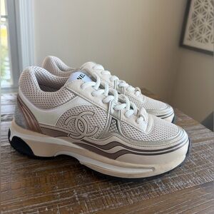 CHANEL White and Silver Sneakers
